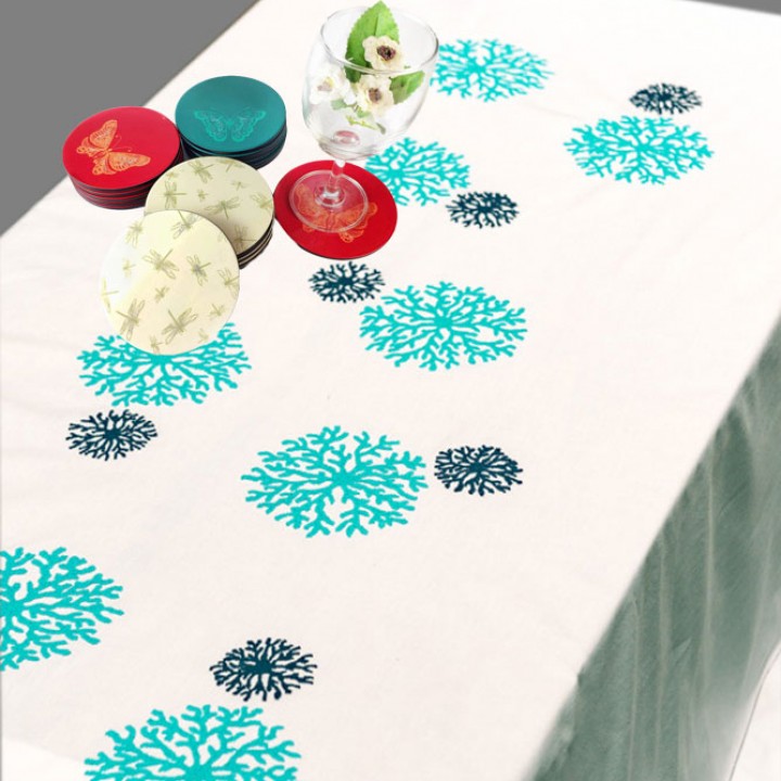 Rectangle round-coral embroidered table cloth (300x180cm) - include 12 napkins